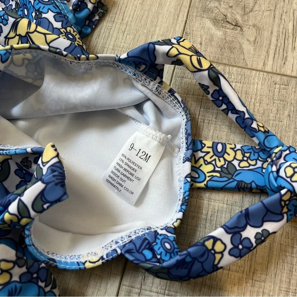 Floral Blue and Yellow Kids One-Piece Swimsuit Blue Floral Tie Strap Skirt 9-12M