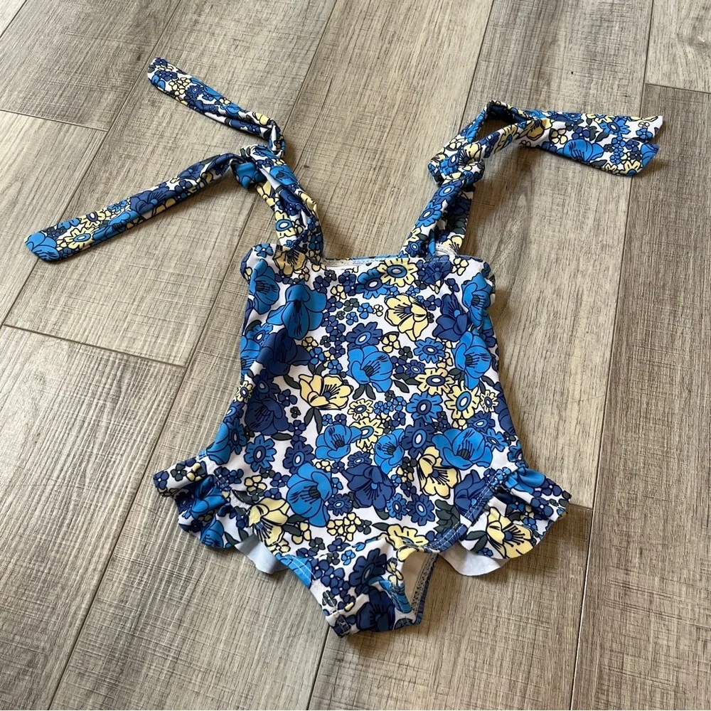 Floral Blue and Yellow Kids One-Piece Swimsuit Blue Floral Tie Strap Skirt 9-12M