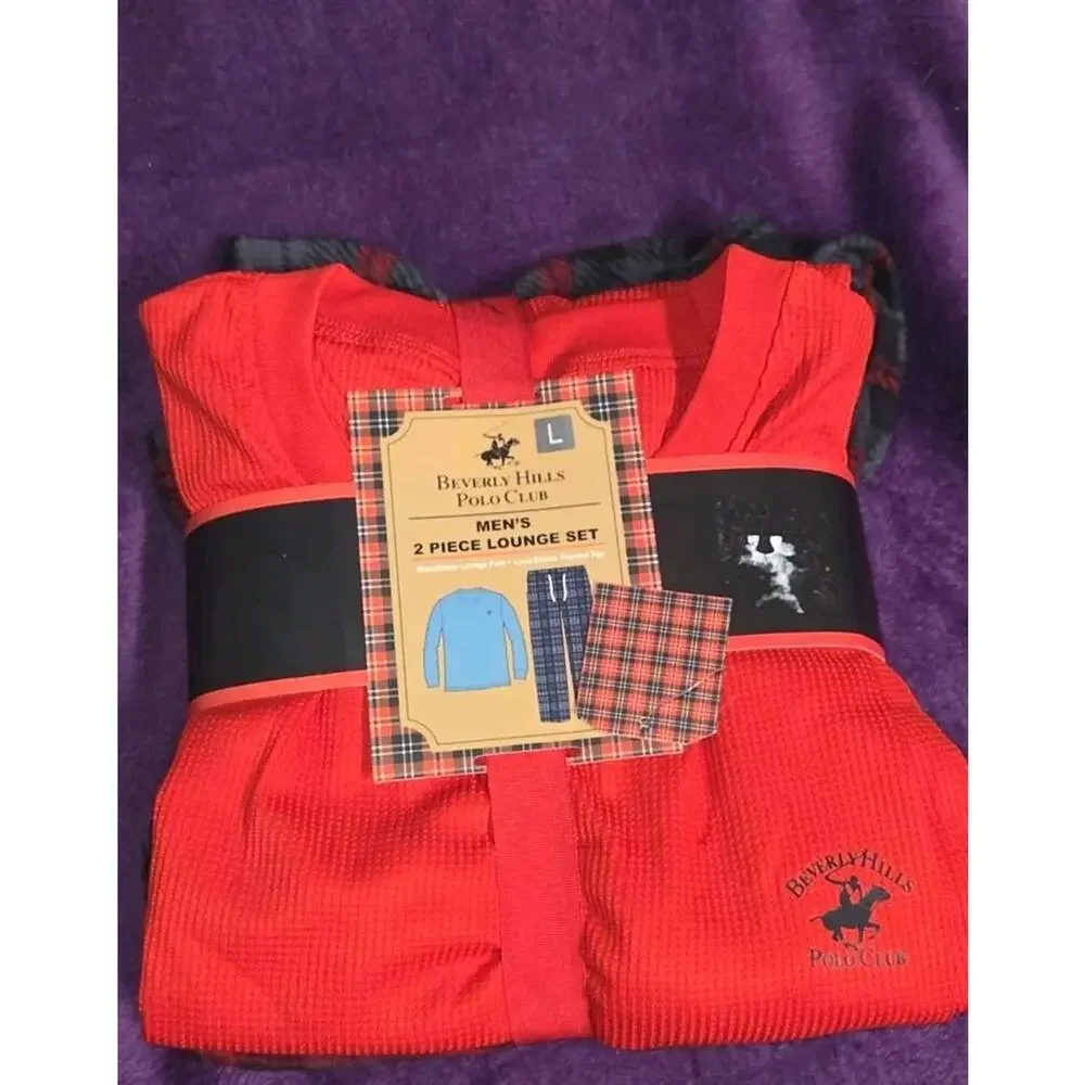 Beverly Hills Polo Club Men's 2 Piece Lounge Set Pajamas Red Top & Plaid Pants L