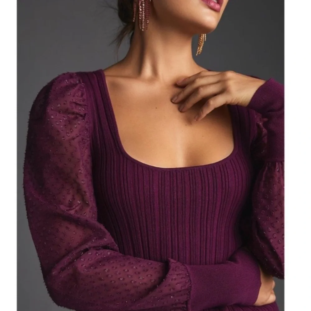 Anthropologie Elegant Purple Puff Sparkle Sleeve Women's Top