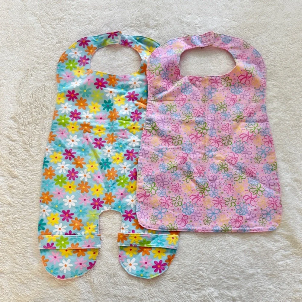 Flannel Double Sided Long Line Bibs Set of 2 Floral Stars Polka Dot Prints