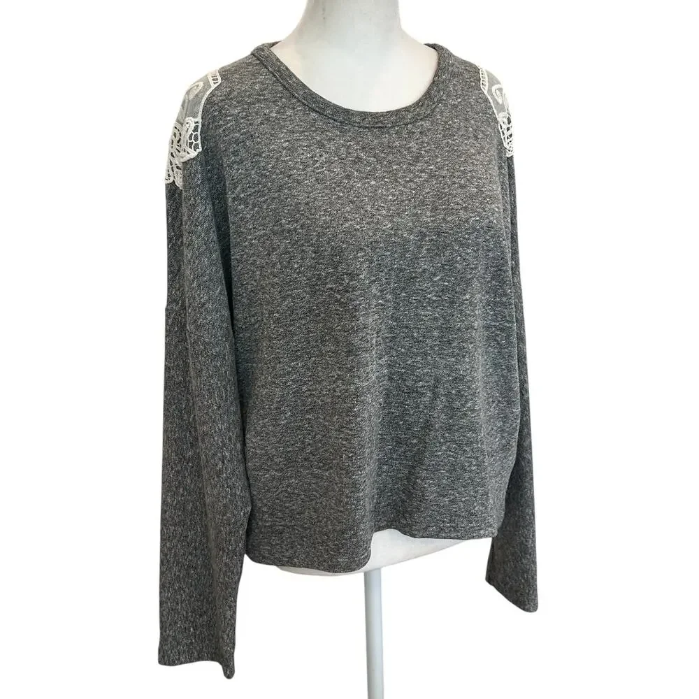Anthropologie Lili's Closet Gray Knit Pullover White Lace Trim Womens Size Small