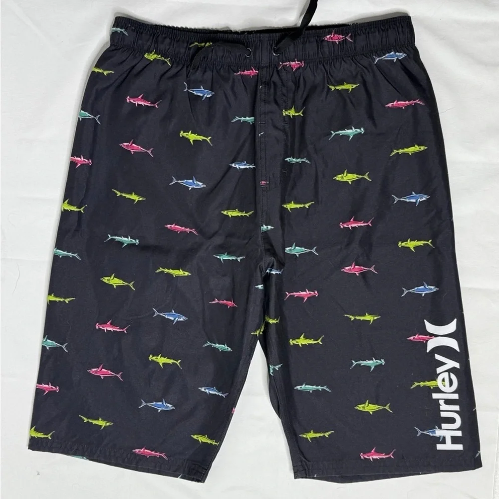 Hurley Boy's Black Swim Trunks Sz:XL Shark Theme Back Pocket