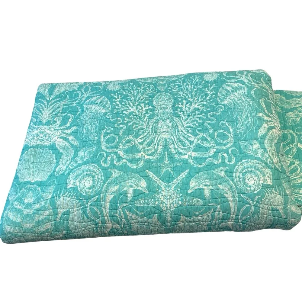 VTG Queen/Full Reversible Quilted Comforter Set Shams Teal/White Cottagecore Y2K