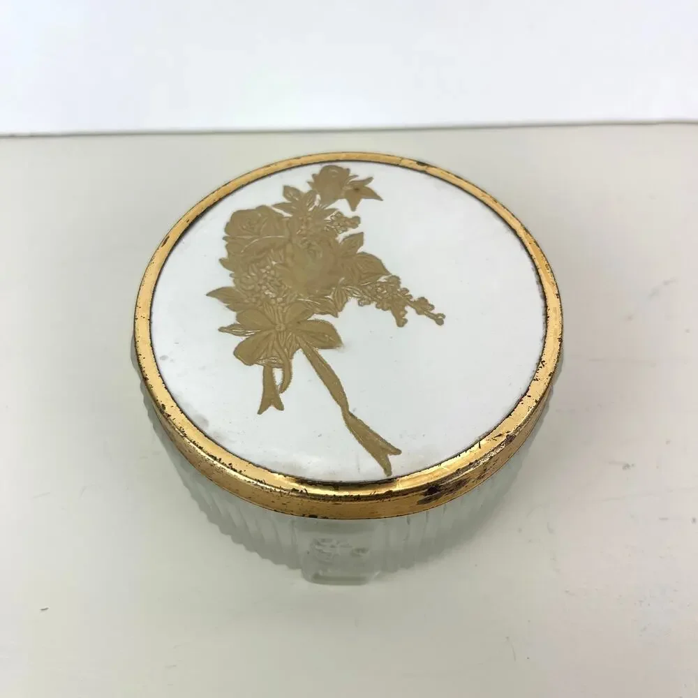 Vintage Ribbed Satin Glass Powder Vanity Jar Trinket Box