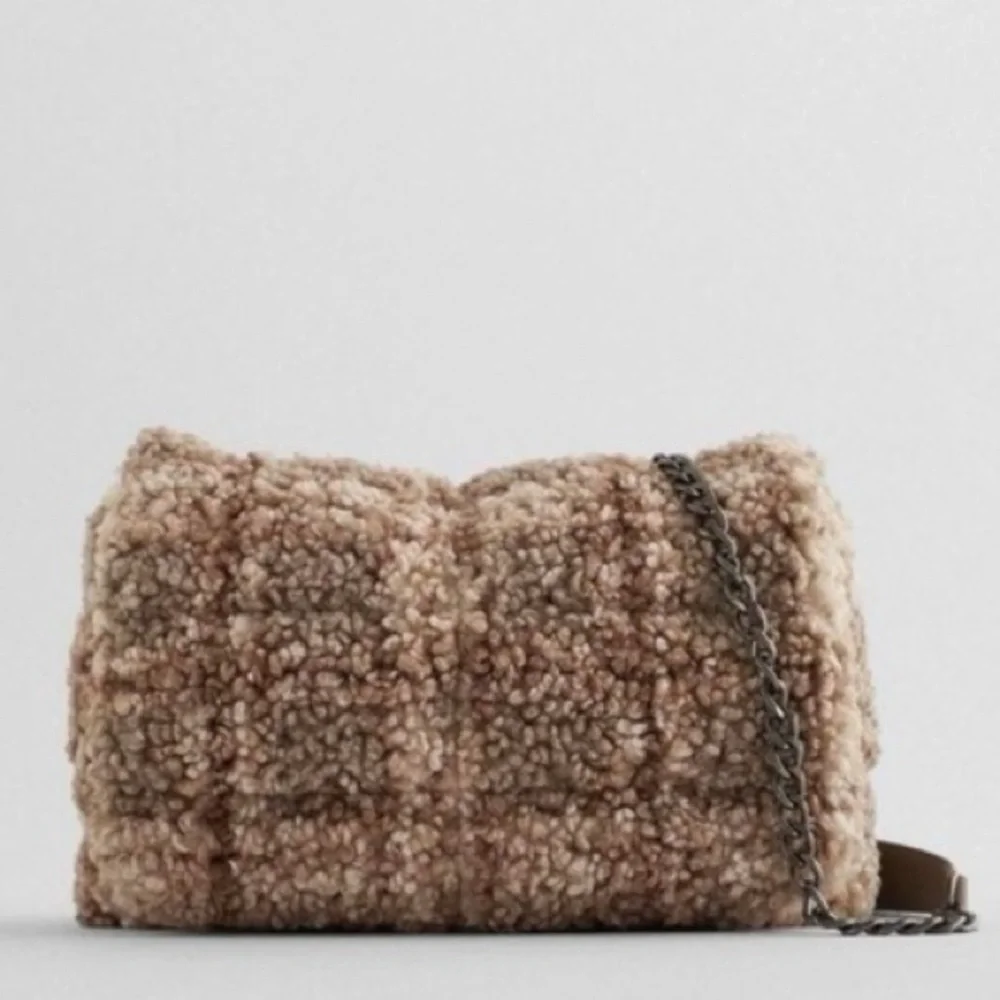 Zara Faux Fur Checkered Textured Brown Sherpa Women's Bag