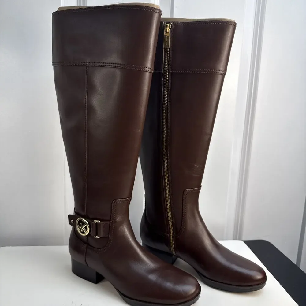 Michael Kors Harland Knee High Riding Boots Brown Leather 5M Wide Calf NWB