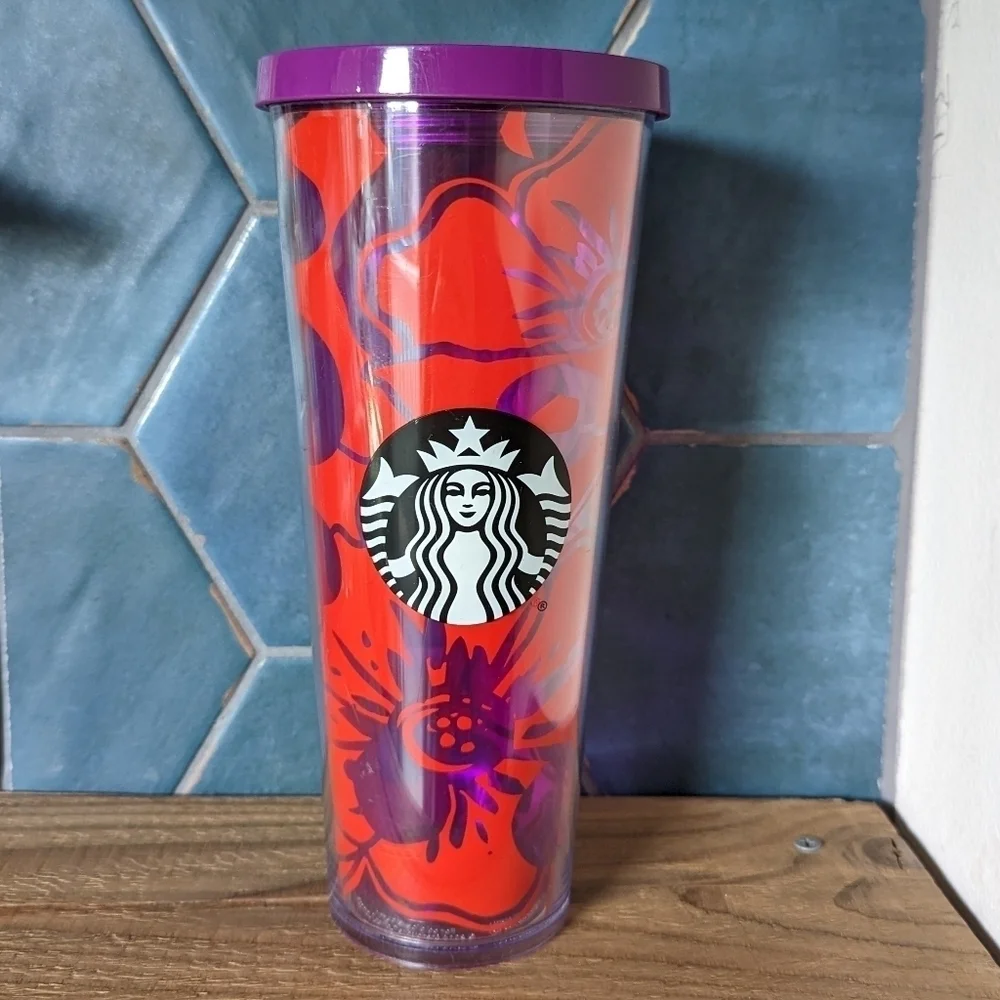 2014 Starbucks Venti Cold Cup Tumbler Red/Purple Hibiscus Flower 24 Oz