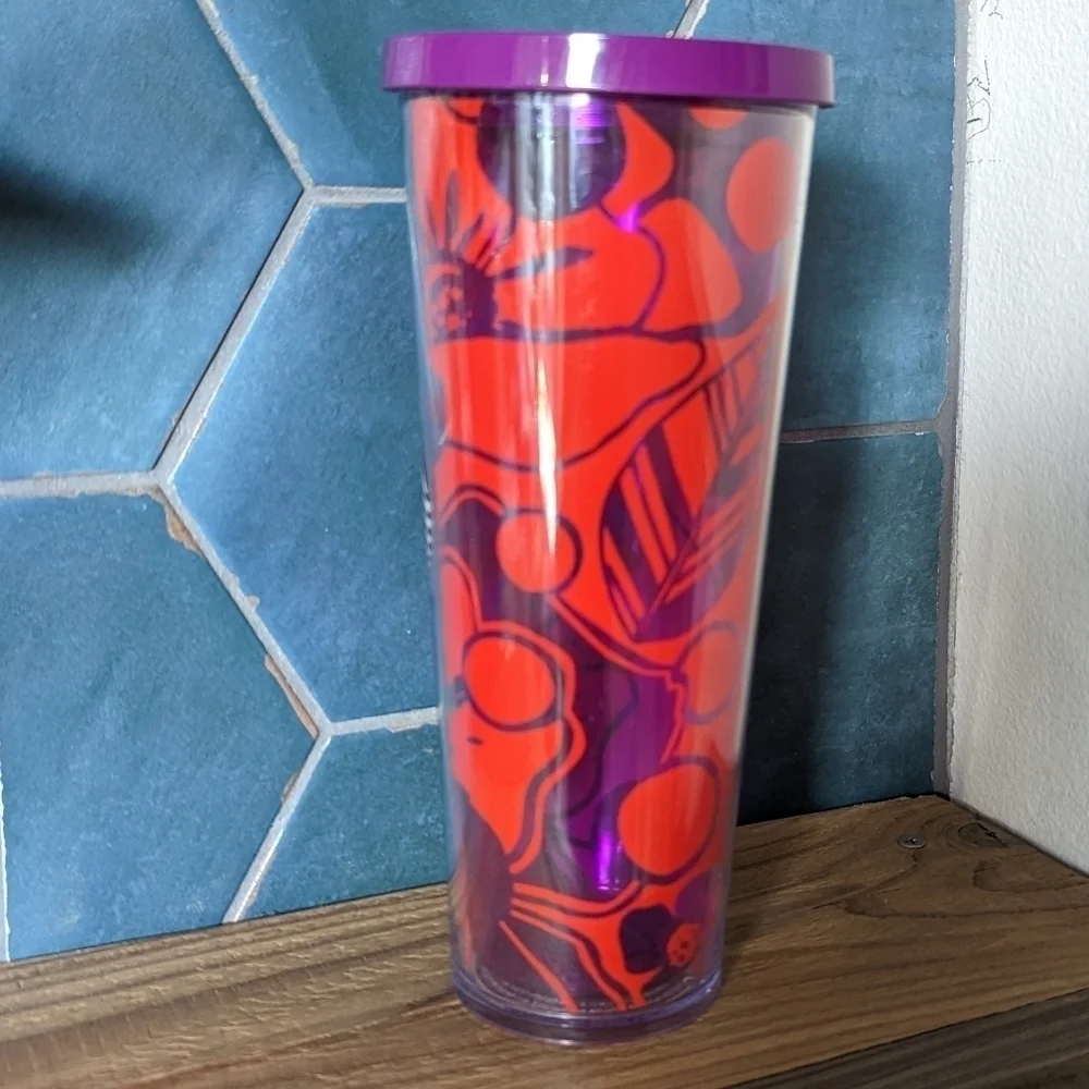 2014 Starbucks Venti Cold Cup Tumbler Red/Purple Hibiscus Flower 24 Oz