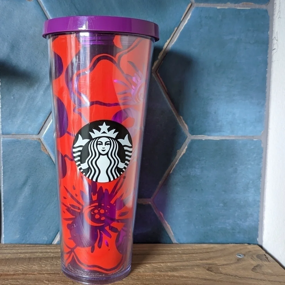 2014 Starbucks Venti Cold Cup Tumbler Red/Purple Hibiscus Flower 24 Oz