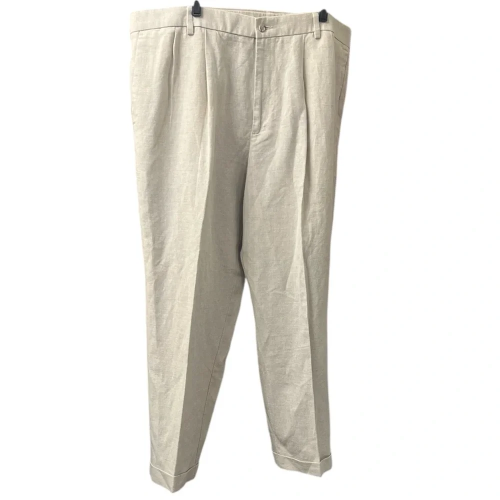 NWT Dockers Linen Blend Pleated Straight Leg Trousers light beige size 44 x 30