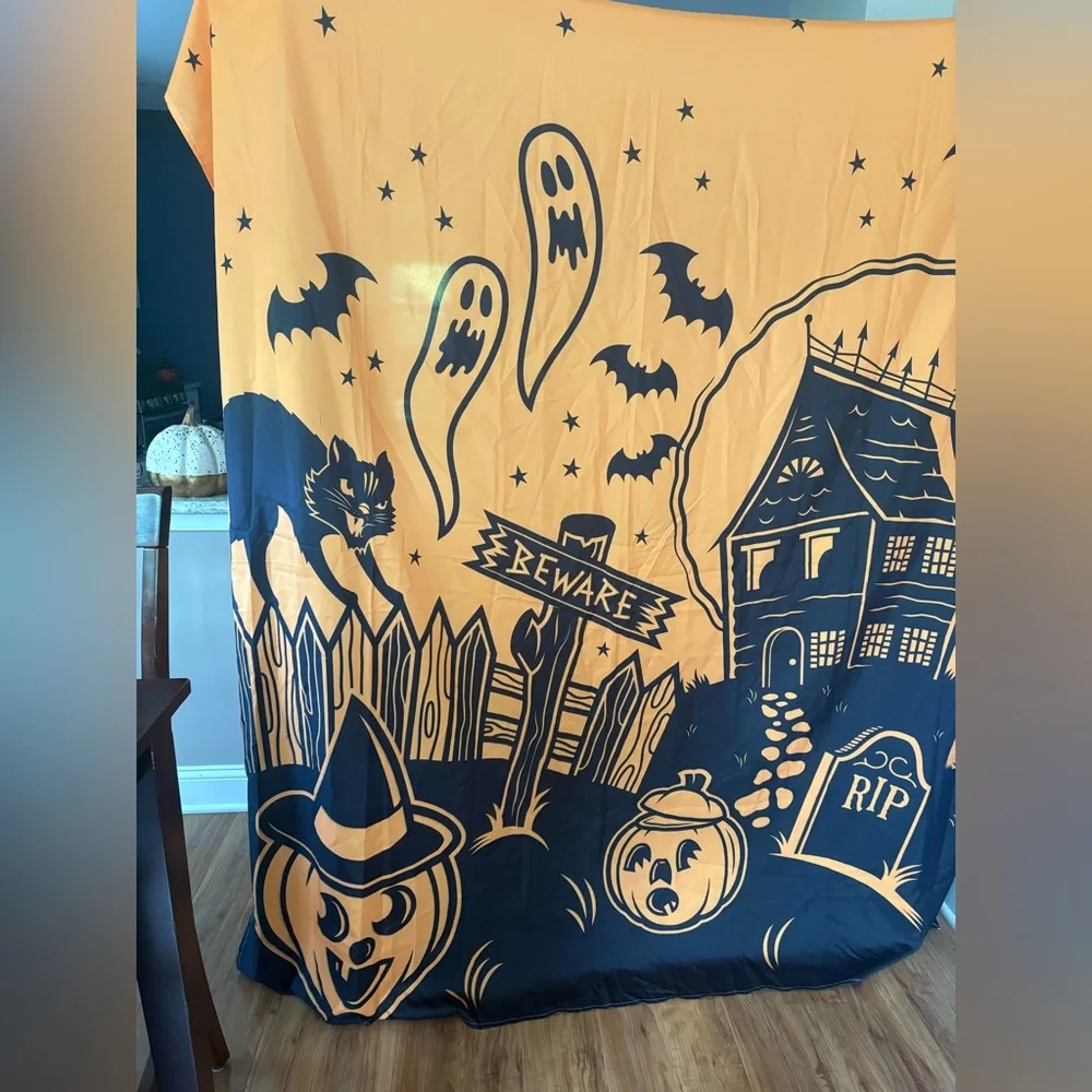 Sourpuss Halloween shower curtain with ghosts, pumpkins and more! 🐈‍⬛ 🪦🎃 👻