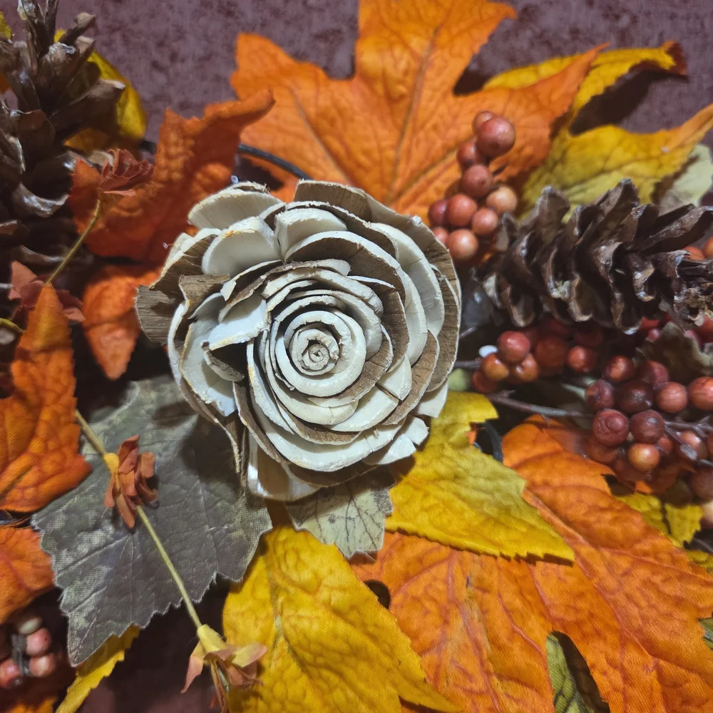 Festive Autumn Wreath with Pinecones, Pumpkins, and Berry
