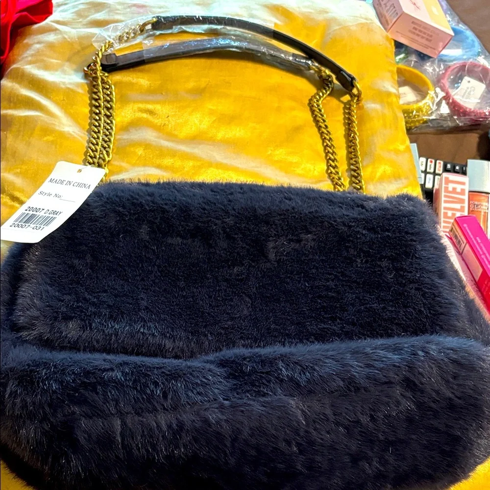 Elegant Black Faux Fur Shoulder Bag new Gold hardware