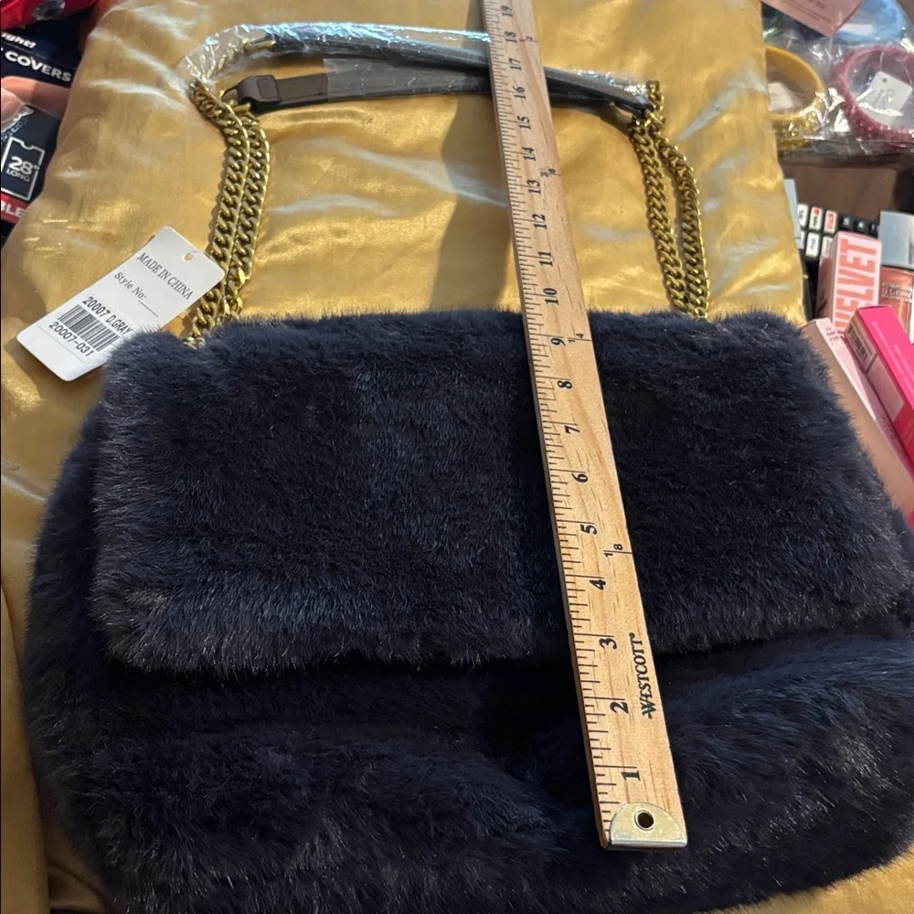 Elegant Black Faux Fur Shoulder Bag new Gold hardware