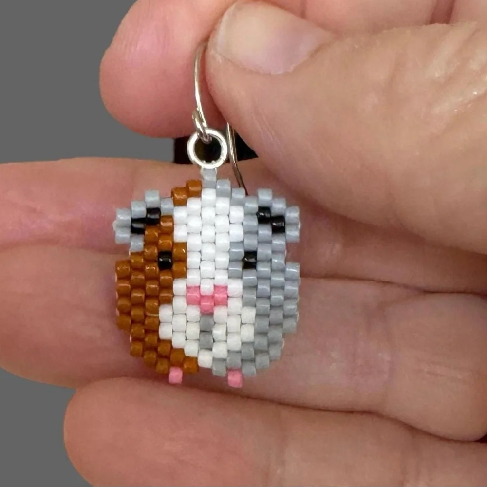 Hand crafted Guinea Pig Beaded Earrings - Brown and White