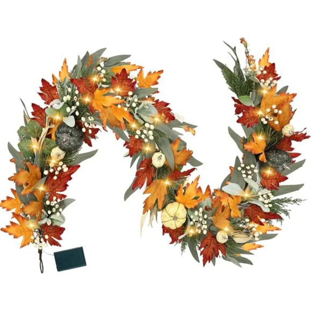 Realistic Fall Garland for Mantle 6 Ft Fall Maple Leaves Garlands with Lights