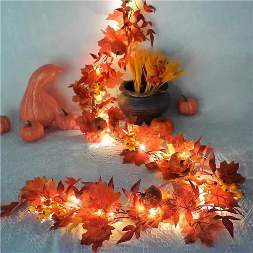 Fall Garland with Lights Timer 6.2FT Autumn Garlands Maple Leaves Pumpkin Berry