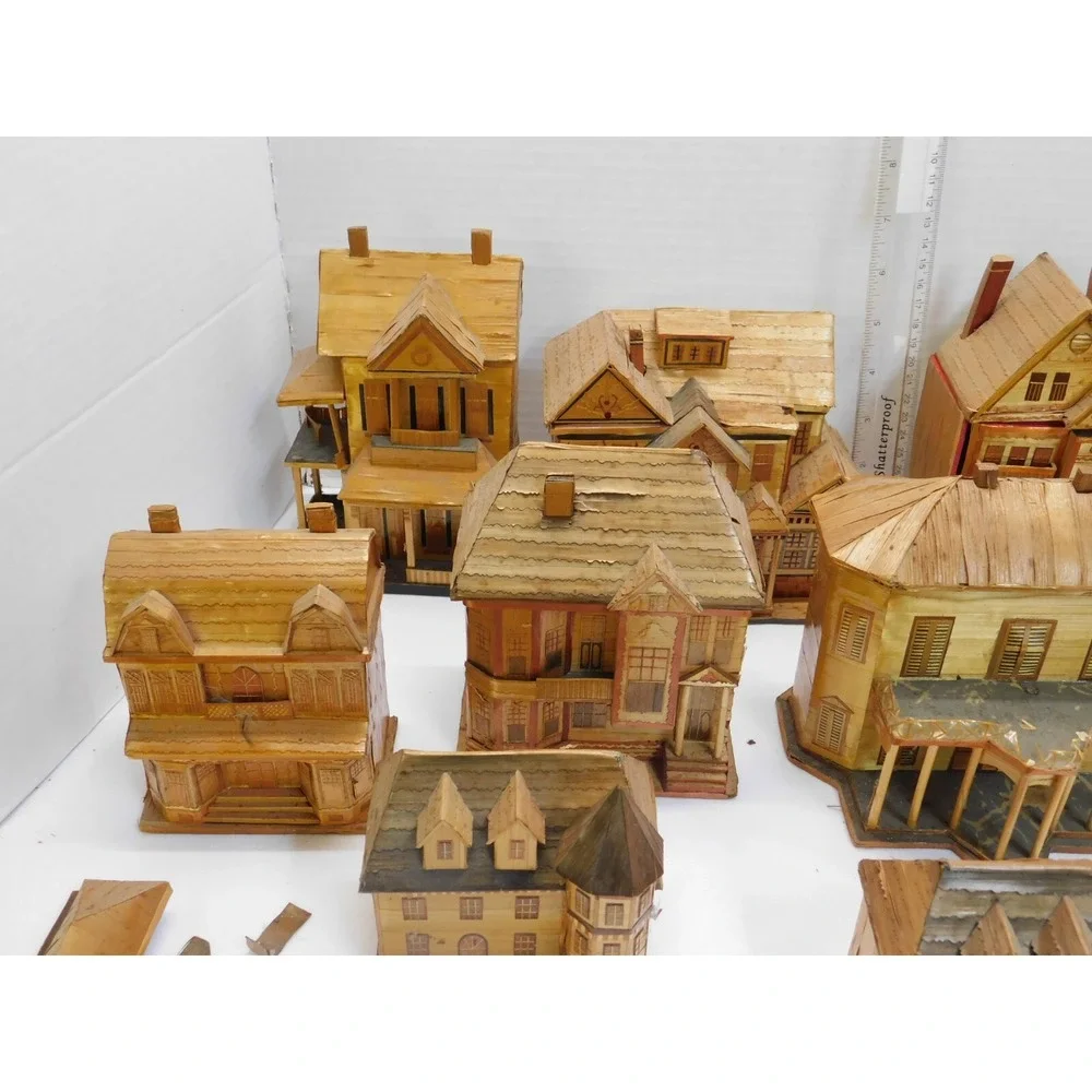 Lot of 11 Vintage Rare Bamboo Wheat Stalk Houses Trinket Box