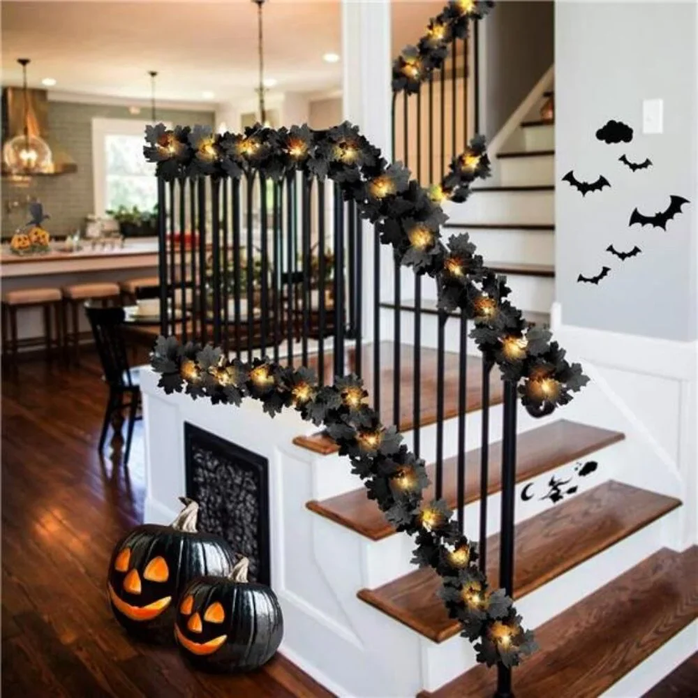 Black Leaf Garland with Yellow Lights, 2 Pack Halloween Artificial Hanging Fall