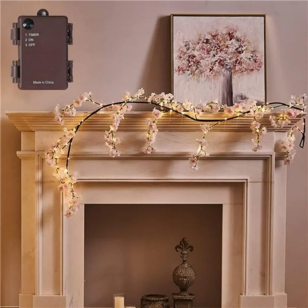 Lighted Garland Spring with Cherry Blossom 96 Fairy Lights 6FT for Mantle