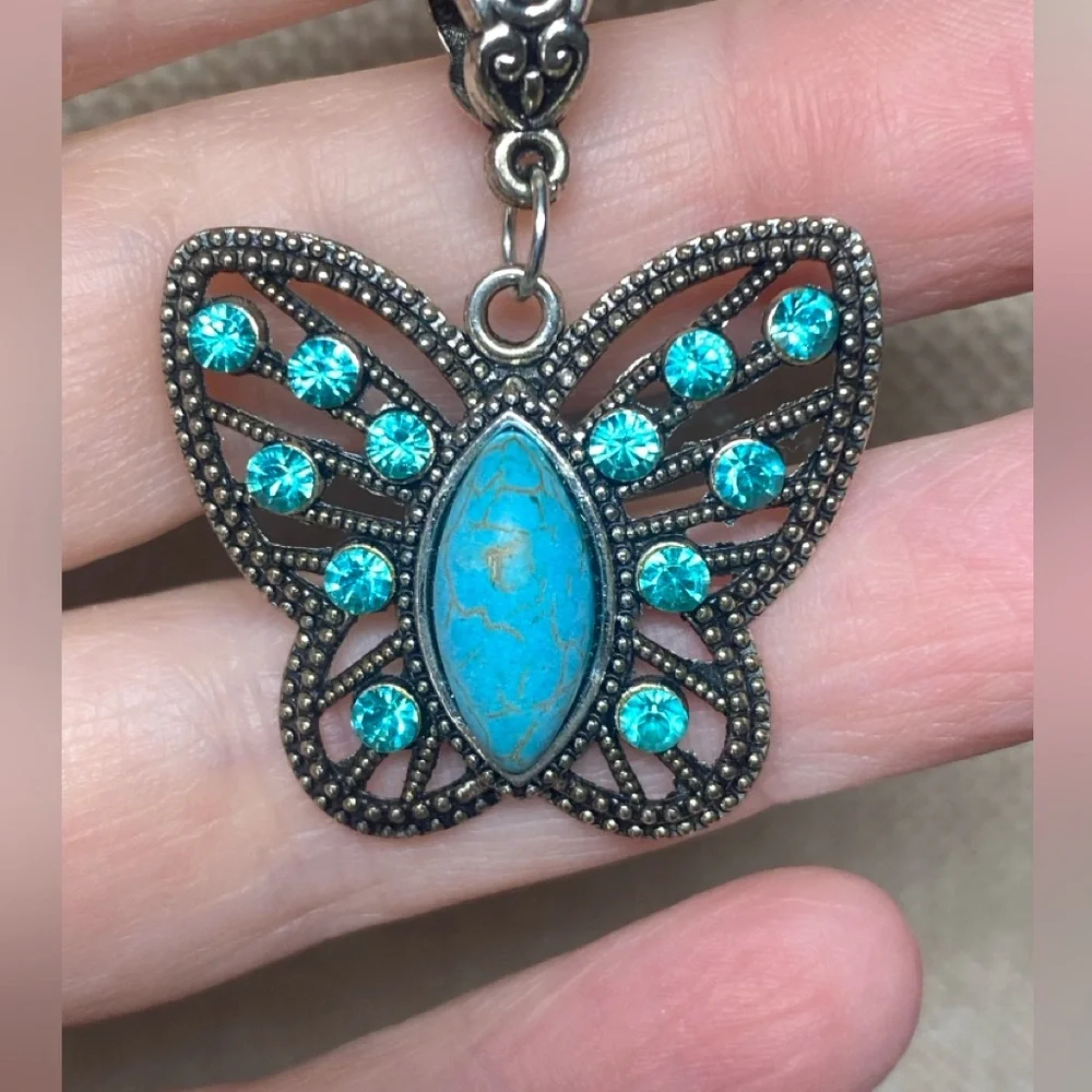 Silver Butterfly Turquoise Pendant Necklace Adorned W/ Sparkling Rhinestones