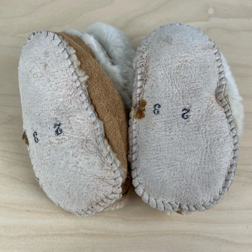 Vintage Baby Size 2-3 Brown Suede Shearling Lined Slipper Booties Unbranded