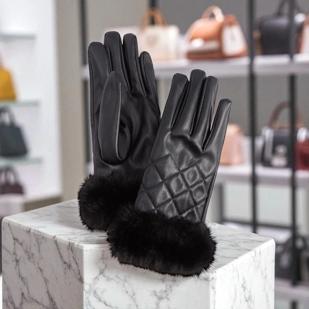 I.N.C. International Concepts Women's Faux-Leather Faux-Fur-Trim Gloves NWOT Blk