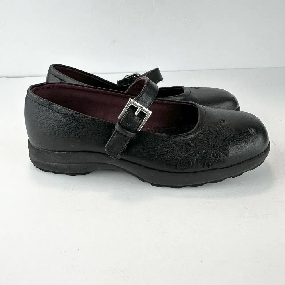 Self Esteem Black Flats Floral Design with Strap Burgundy Girls Sz 12.5M