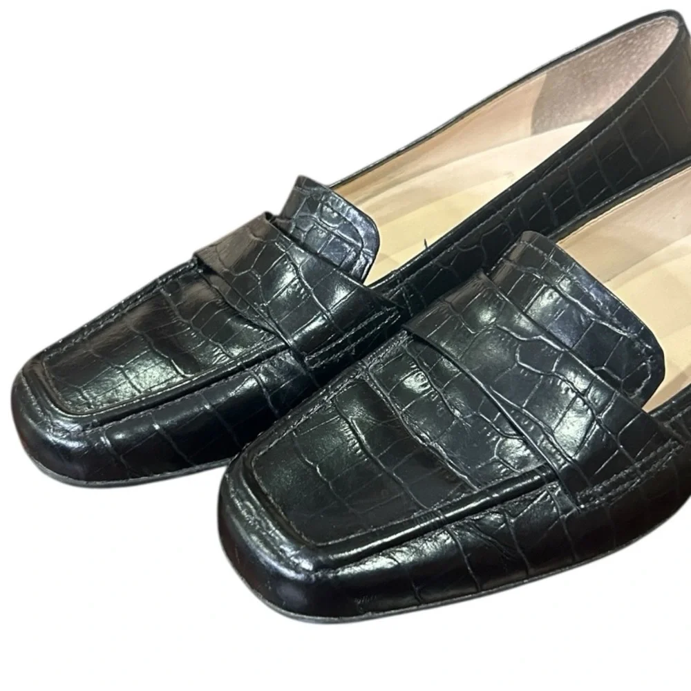 Rockport Embossed Square Toe Leather Loafers Black Size 7