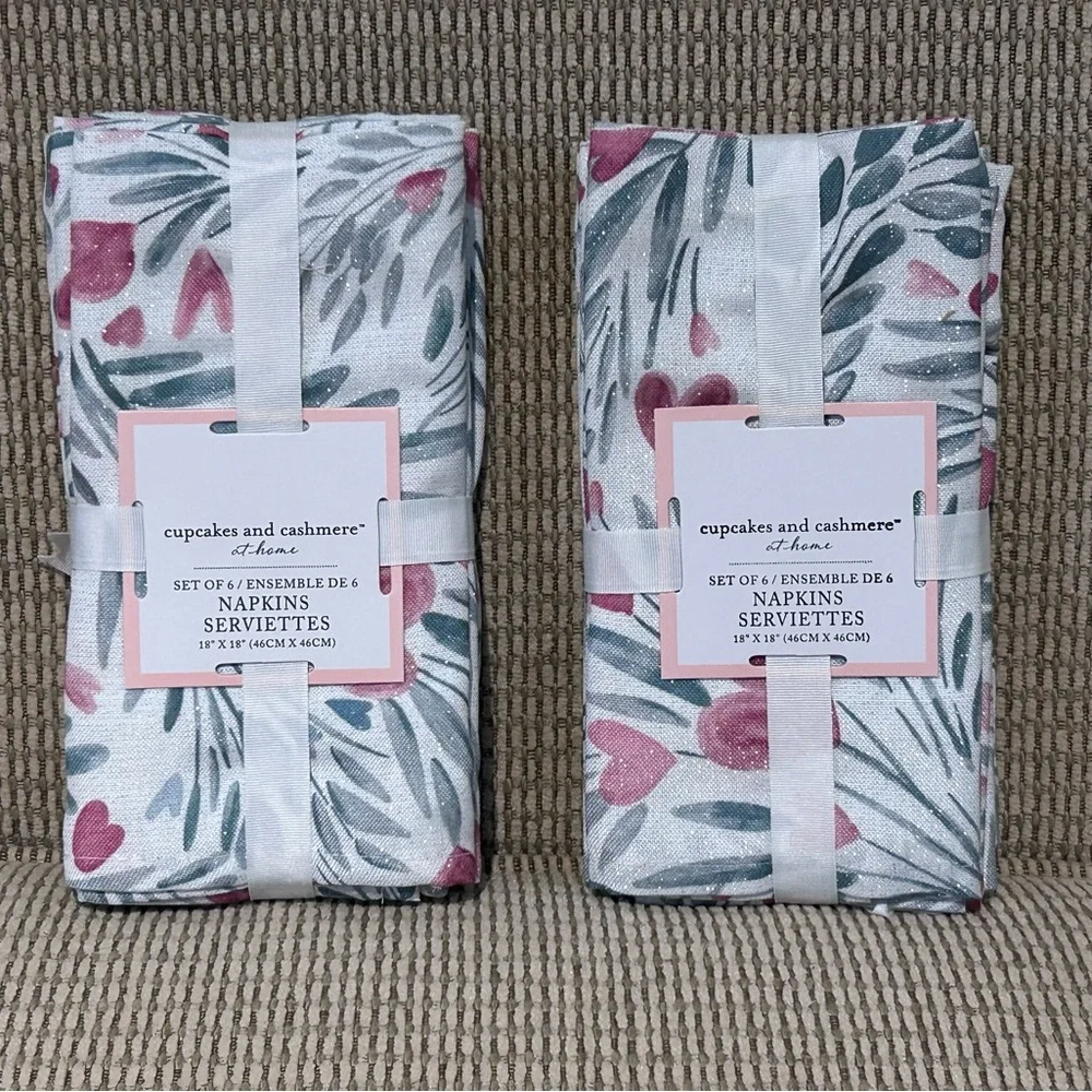 2 Packs Of 6 CUPCAKES & CASHMERE Glittery Cherry Heart Linen Table Napkins