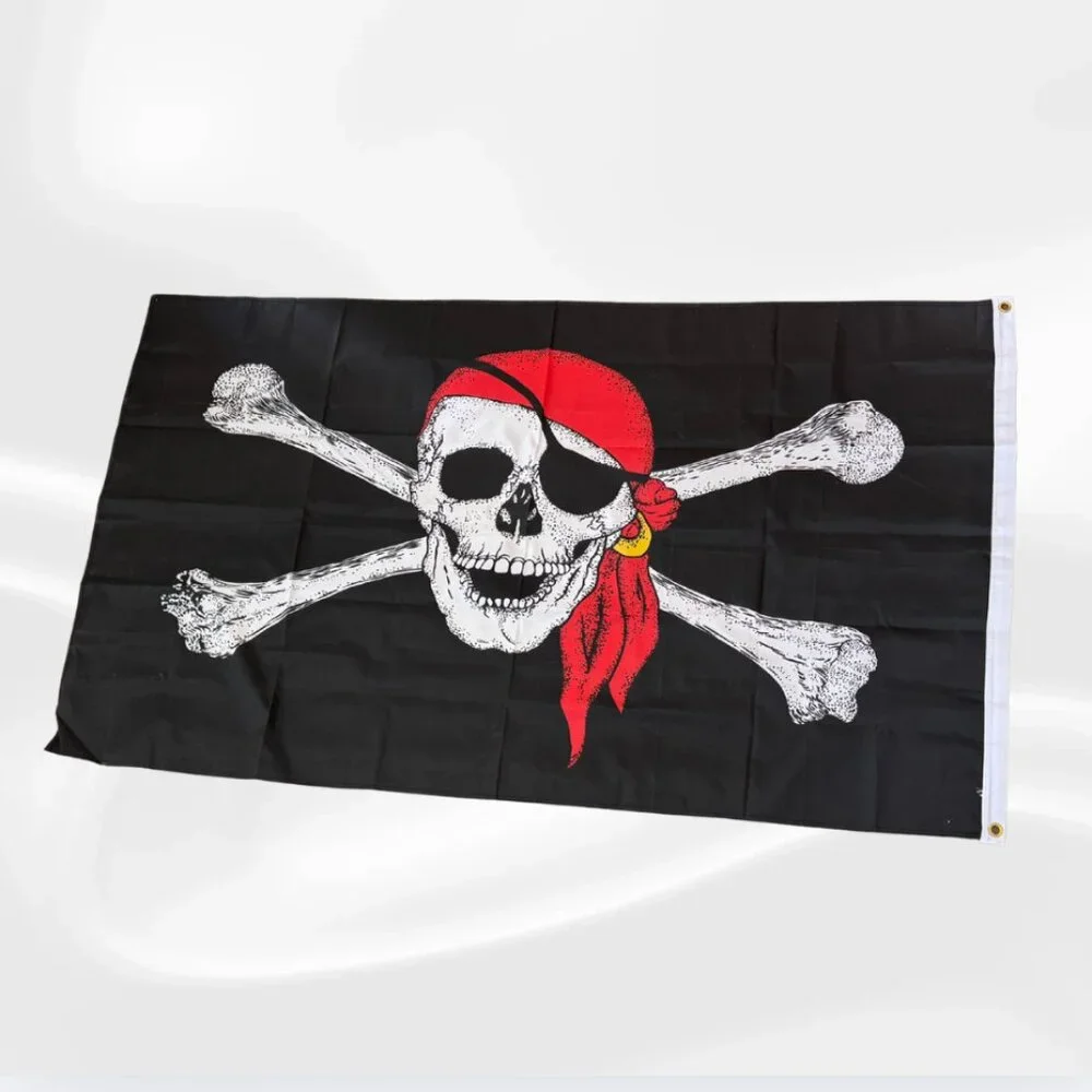 Pirate Skull & Crossbones Flag with Red Bandana – Jolly Roger Black Banner