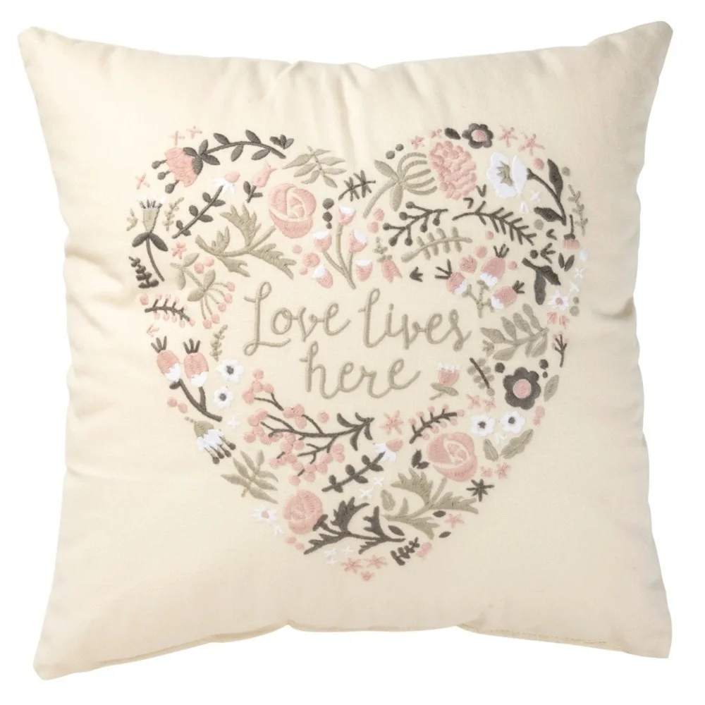 Primitives By Kathy Floral Embroidered Love Lives Here Pillow