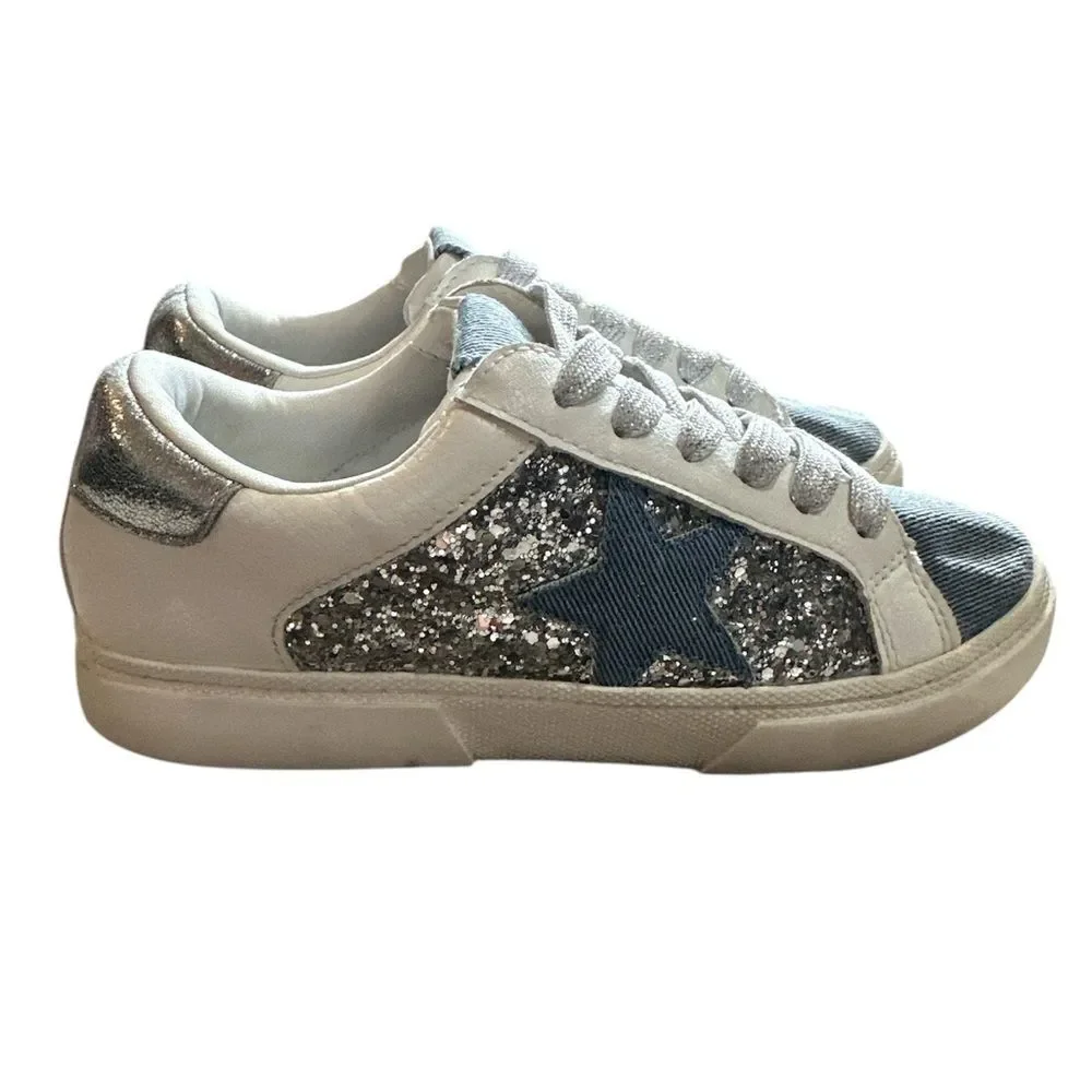 Art Class Girls Sz 2 Silver White Blue Glitter Star Lace Sneakers