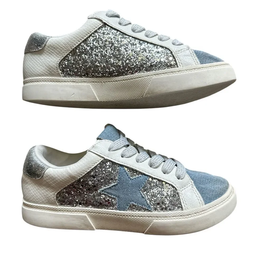 Art Class Girls Sz 2 Silver White Blue Glitter Star Lace Sneakers