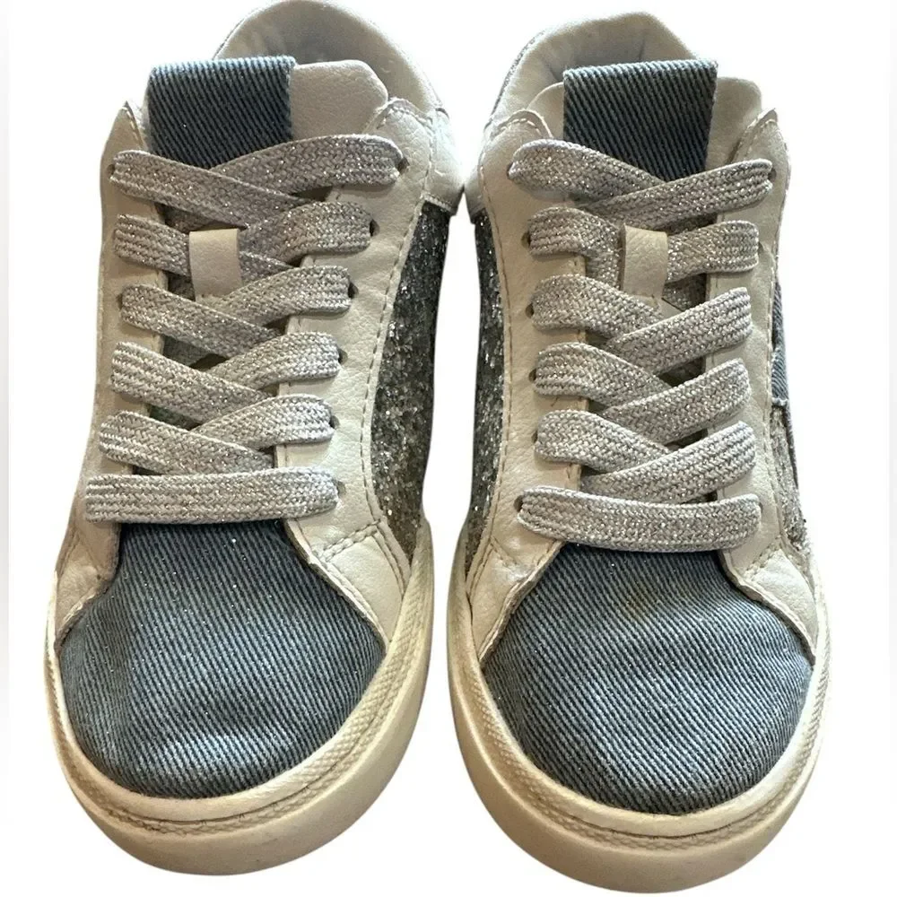 Art Class Girls Sz 2 Silver White Blue Glitter Star Lace Sneakers