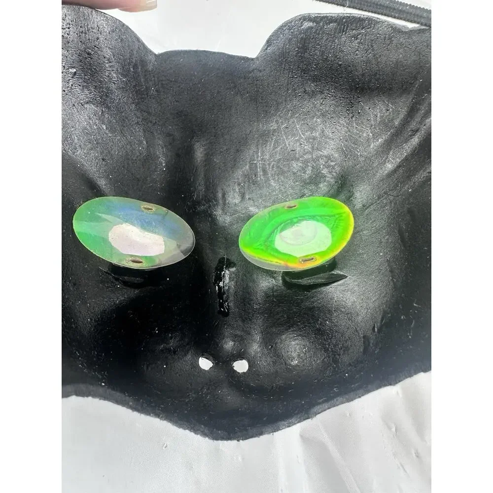 Black Cat Halloween Mask Folk Art Costume Masquerade Party Glowing Green Eyes