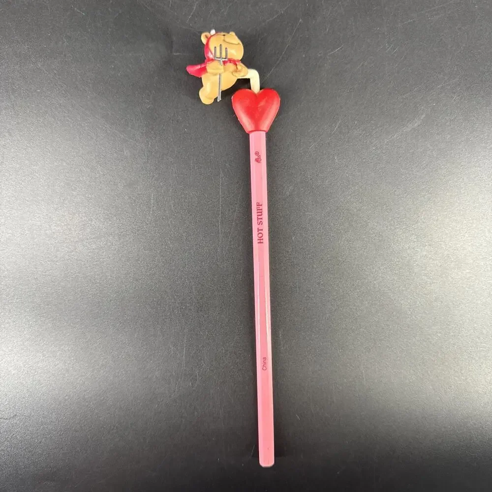 VTG RUSS Pink Pencil Teddy Topper Valentines Heart Devil, Hot Stuff Unsharpened