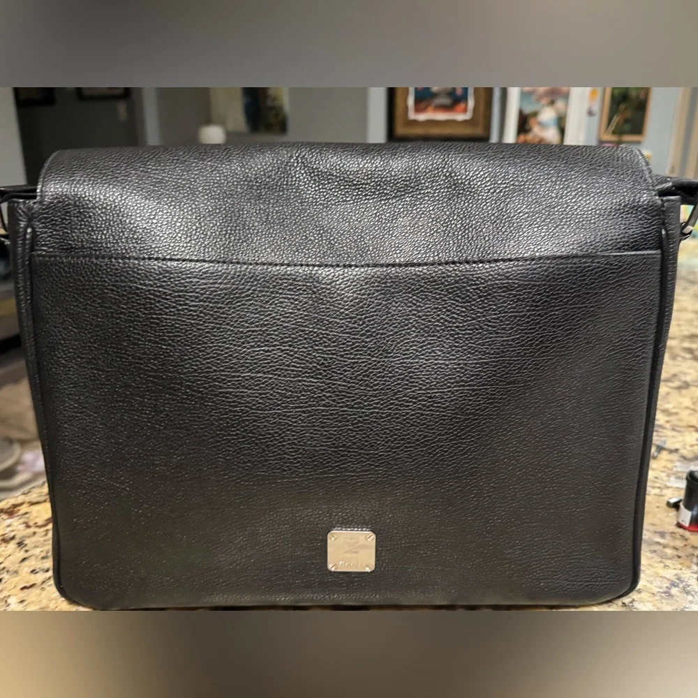 MCM Textured Black Leather Messenger Bag