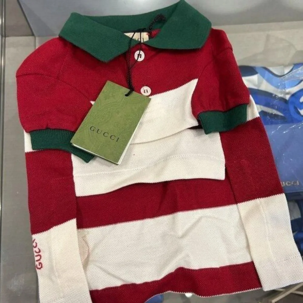 NWT Gucci pet dog apparel red White Striped Polo Shirt GREEN collar