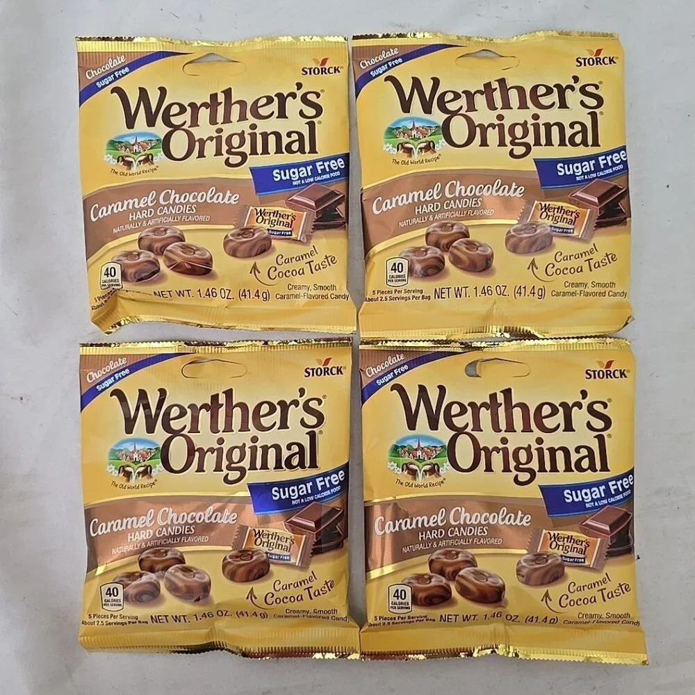 4 PACK Werther's Original SUGAR FREE CARAMEL CHOCOLATE Hard Candies 1.46oz bag/e