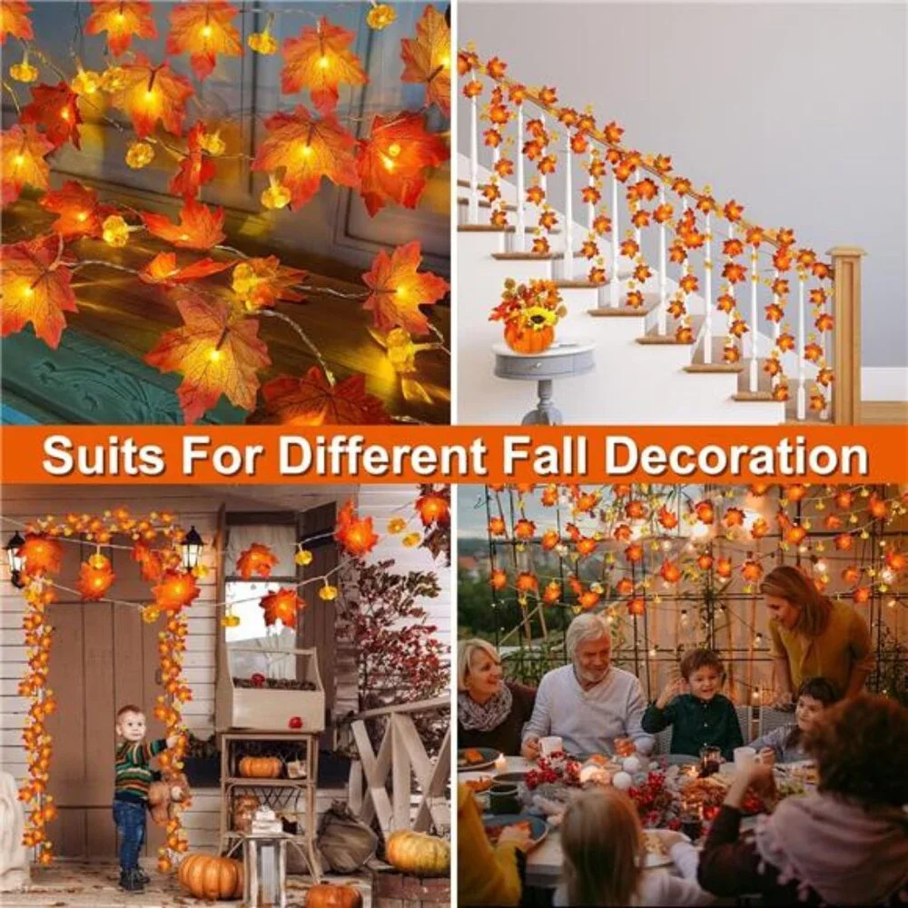 2 Pack & Timer - Fall Garland with Pumpkin Lights Halloween Fall Decor for Home