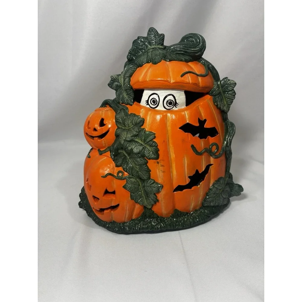 Vintage Ceramic Halloween Pumpkin With Ghost- Double Sided- Lights Up Cord
