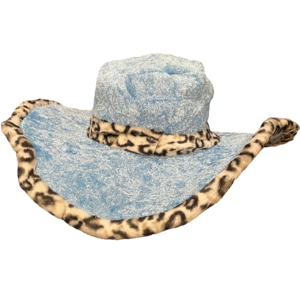 Halloween Costume Pimp Daddy Hat Velvet Faux Leopard Fur Wide Brim Baby Blue New