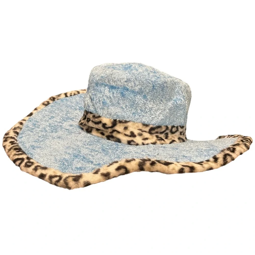 Halloween Costume Pimp Daddy Hat Velvet Faux Leopard Fur Wide Brim Baby Blue New