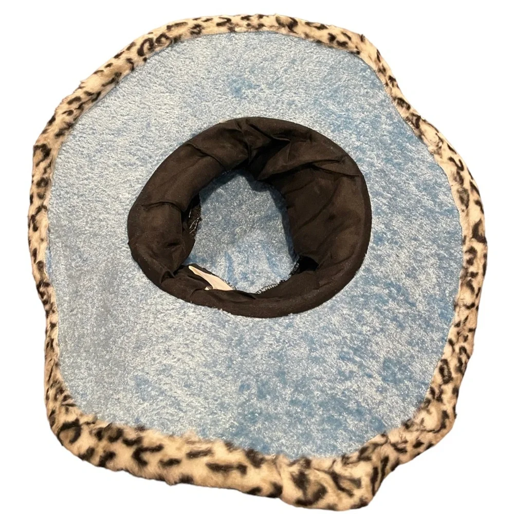 Halloween Costume Pimp Daddy Hat Velvet Faux Leopard Fur Wide Brim Baby Blue New