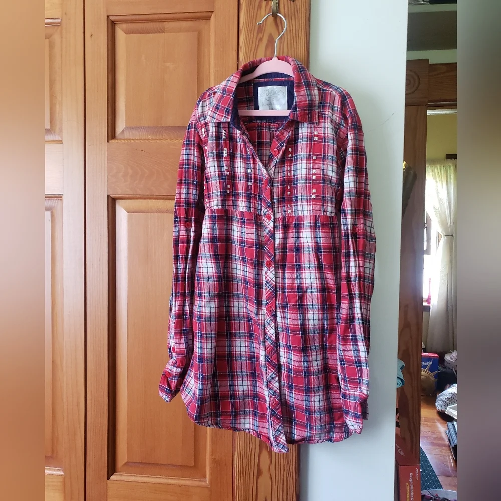 Girls Justice Red White Blue Patriotic Studded Plaid Button Up Tunic Shirt 12