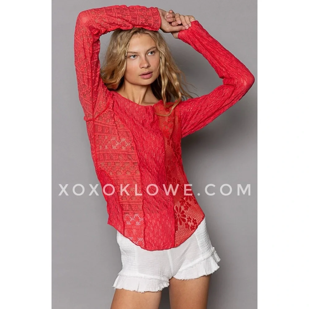 POL Red Lace Blouse | Mixed Pattern Long Sleeve Round Hem