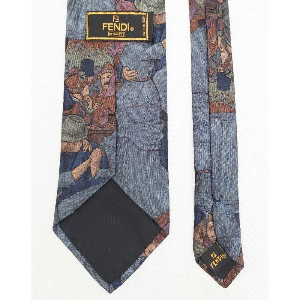 Fendi Mens Vintage Silk Turn of the Century Wearable Art Dancing Woven Neck Tie