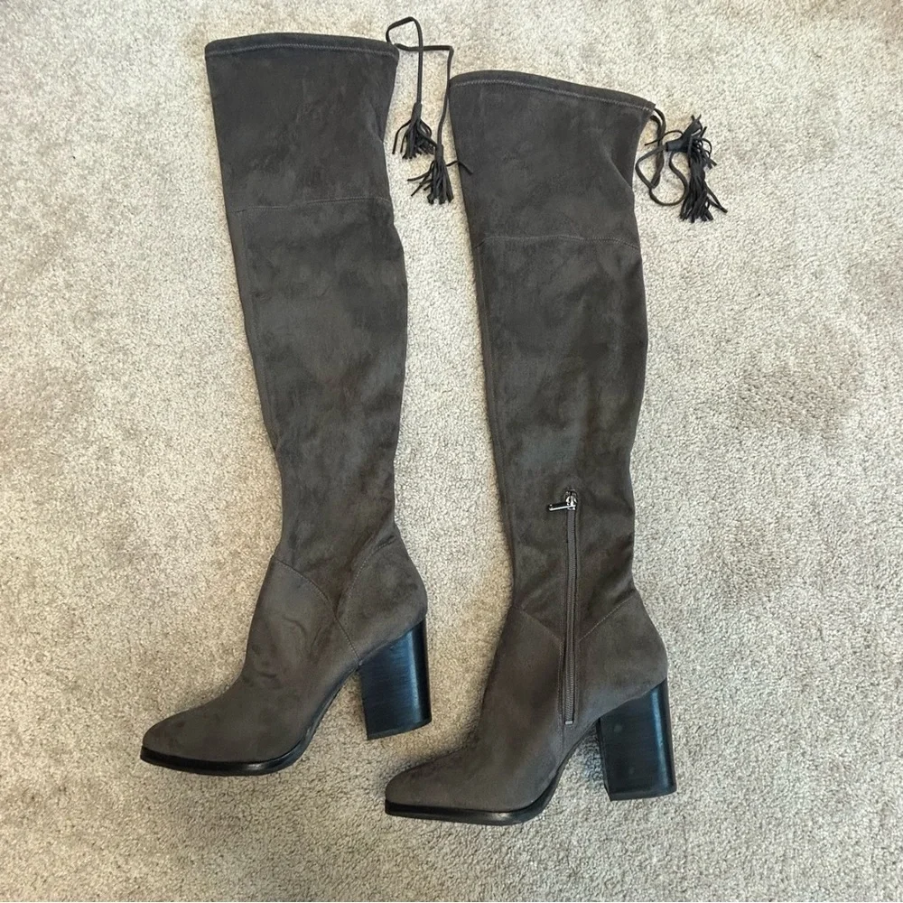 Marc Fisher gray faux suede knee-high over the knee tassel boots chunky heel 9